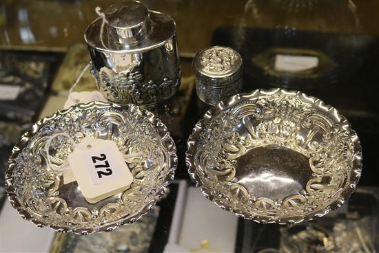 Embossed silver oval tea caddy, pair of bon bon dishes and a white metal box and cover